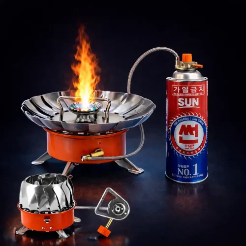 Windproof portable camping gas stove with gas slender